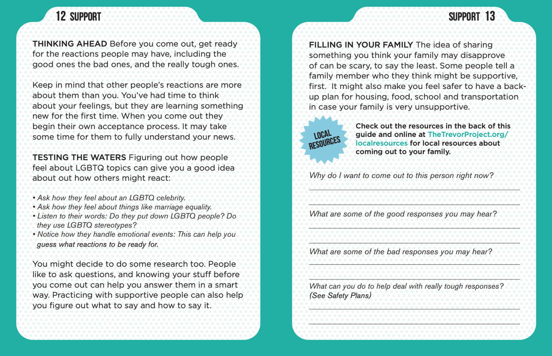 Two pages of Trevor Project's 'Coming out as you' guide that outline how to think ahead and test the waters with family. The final page asks questions like 'What are some good responses you may hear' and provides some room to write a response