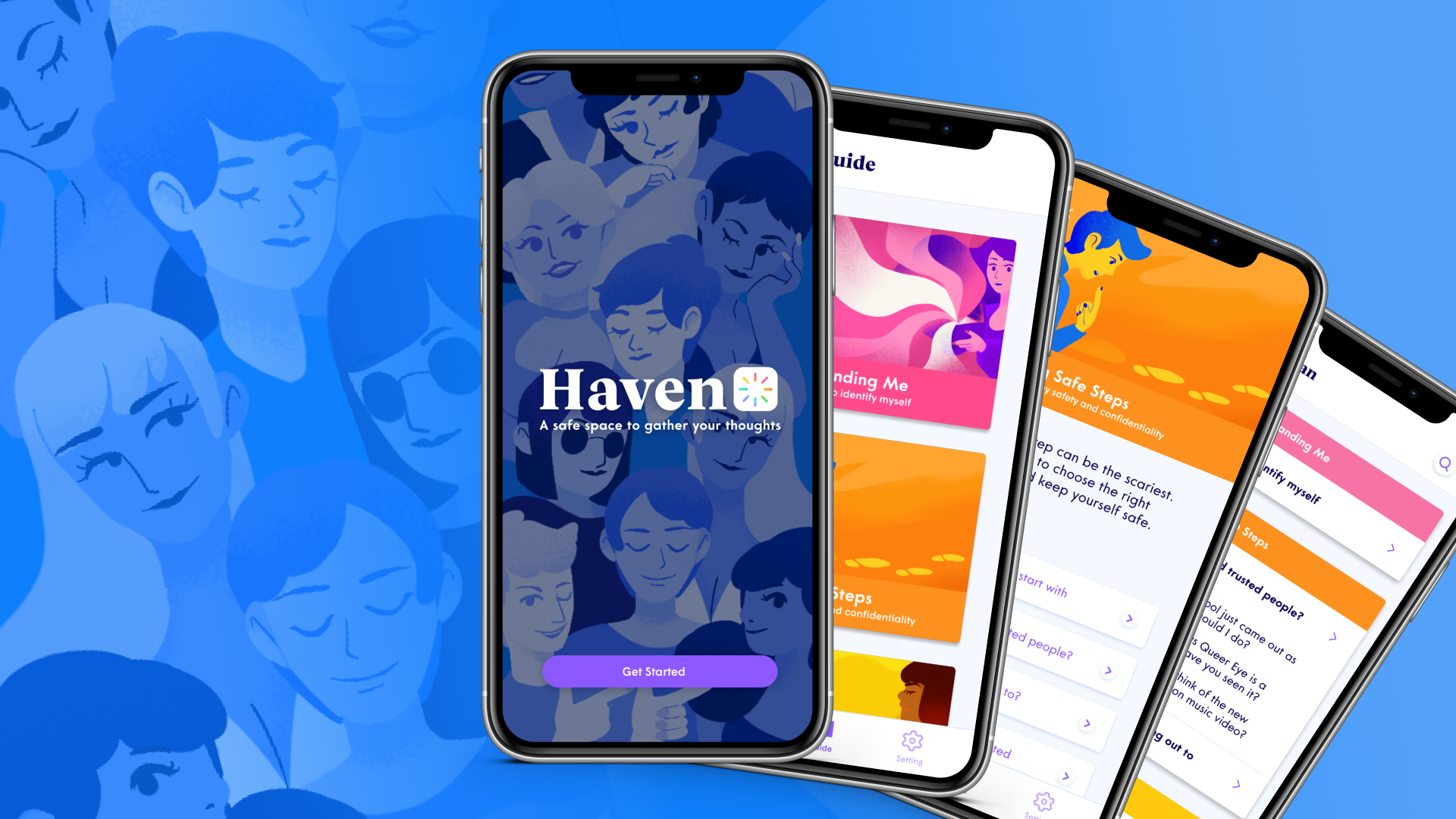 Four fanned out I-phones display a welcome screen, a series of cards with illustrated thumbnails, an expanded card, and series of text-based cards left to right. The phones rest atop a field of blue, broken up with illustrated faces fading in on the left.