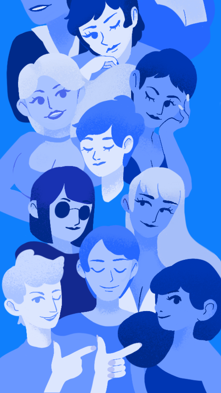 A myriad of illustrated faces cascade vertically. Every cool-toned face is friendly, calm, and a little bit flirty