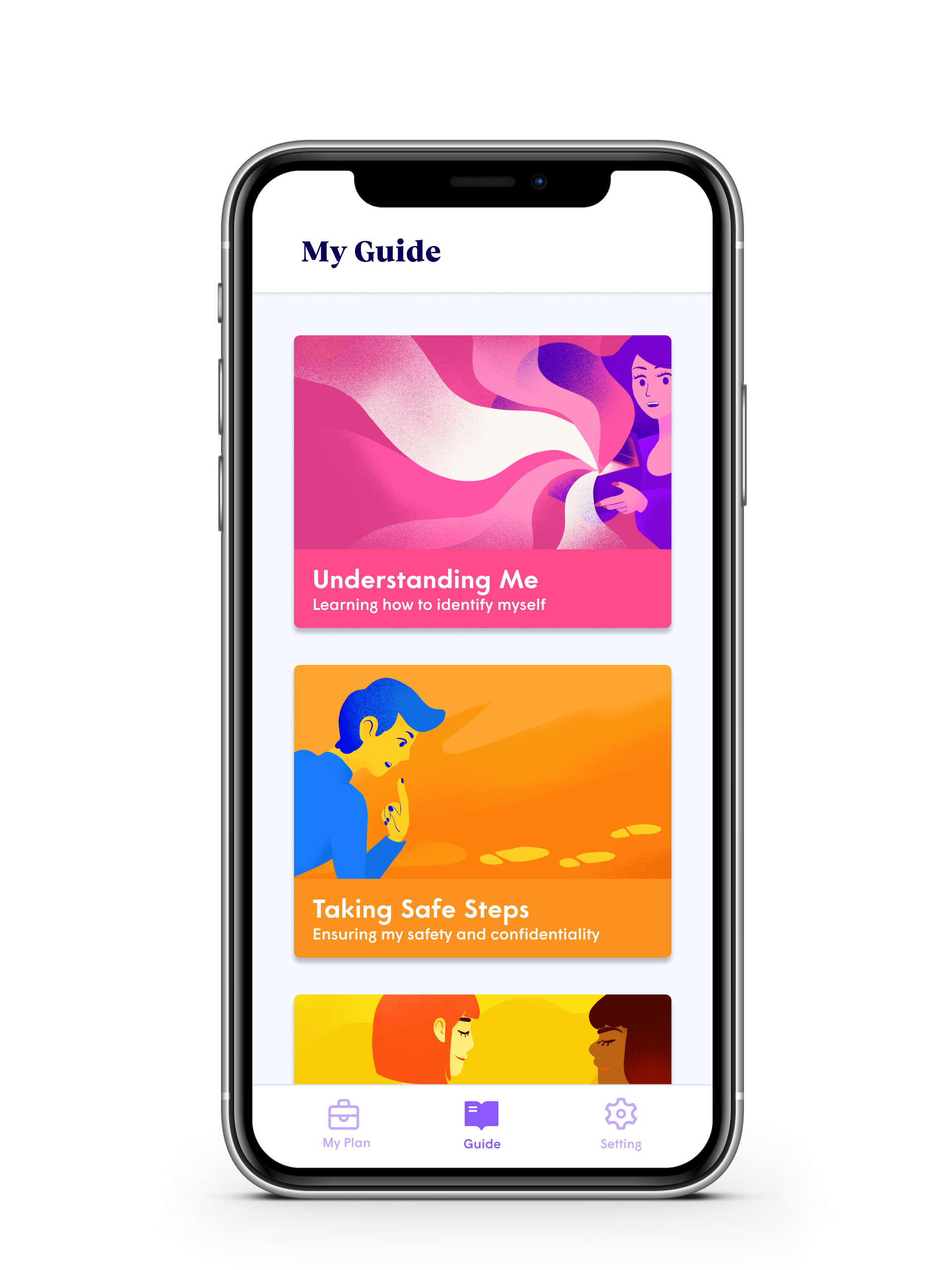 A mockup of My Guide, a screen within Haven that organizes content into a vertical column of colourful illustrated cards like 'Understanding me - learning how to identify myself,' and 'Taking safe steps - ensuring my safety and confidentiality.'