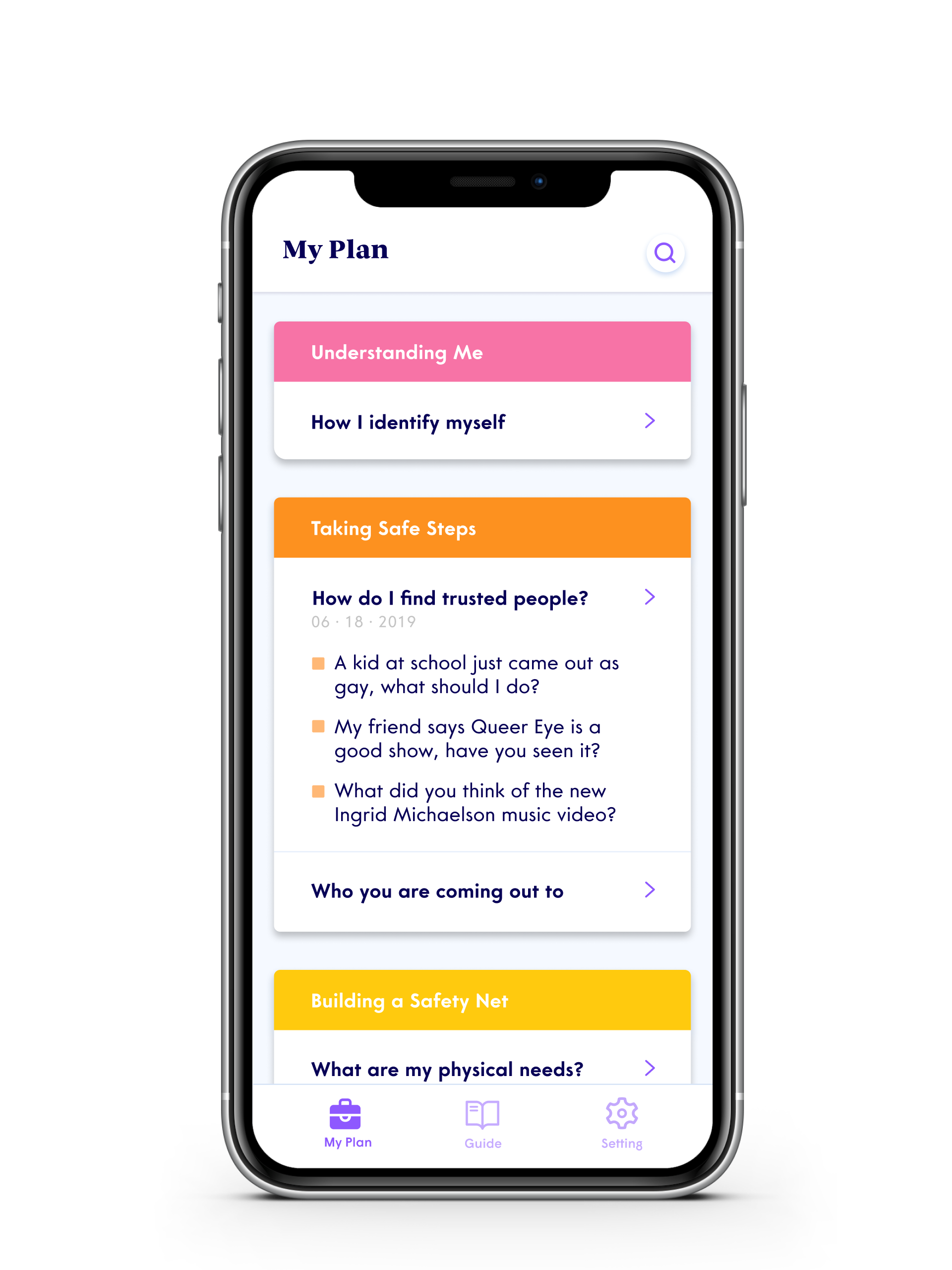 A mockup of My Guide, a screen within Haven that organizes content into a vertical column of colourful illustrated cards like 'Understanding me - learning how to identify myself,' and 'Taking safe steps - ensuring my safety and confidentiality.'