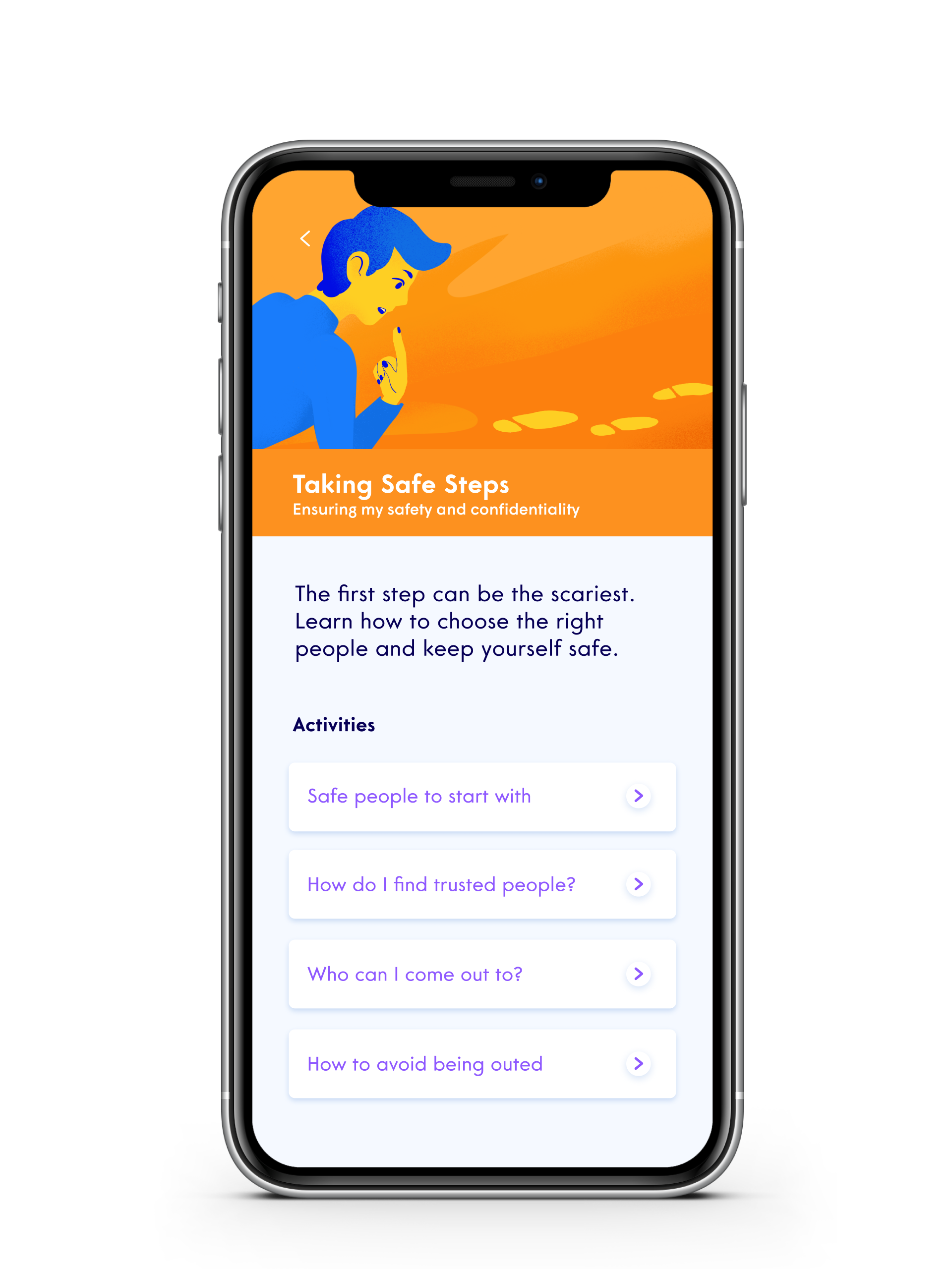 The module 'Taking safe steps' is mocked-up to show 4 sub-activities and a lively orange illustration of a person looking curiously at footprints