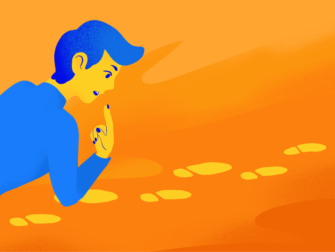 An illustrated person looks curiously at a set of footprints laying ahead of them.
